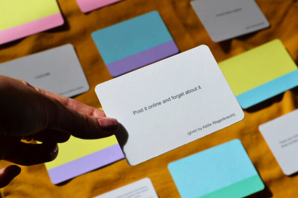A card reads "post it online and forget about it, given by Addie Wagenknecht"